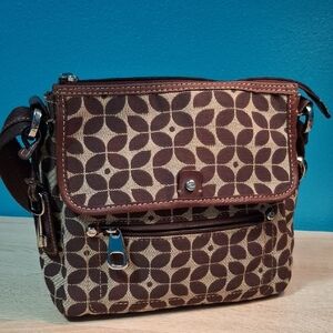 Fossil Canvas And Leather Siganture Print Brown Geometric Crossbody Bag